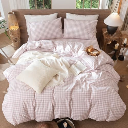 MooMee Gingham Duvet Cover Set 100% Washed Cotton Linen Like