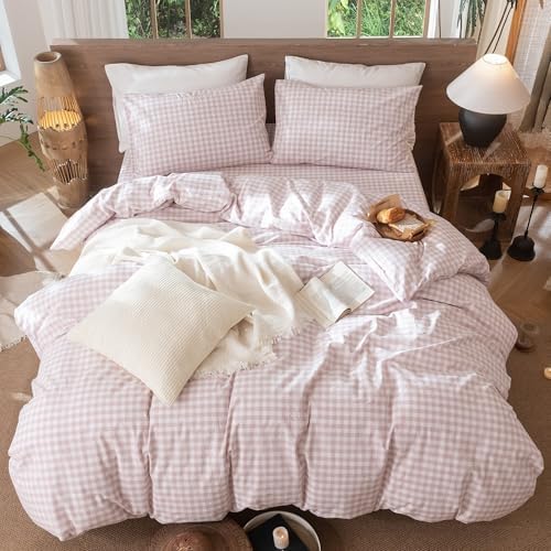 MooMee Gingham Duvet Cover Set 100% Washed Cotton Linen Like