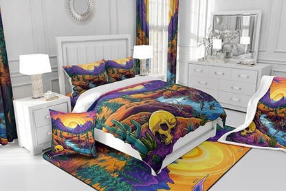Purple Mountain Comforter Set Twin Size,Skull Bone Pine Tree Cactus Bedding Set for Kids Boys Girls Room Decor,Sun Mountain River Quilt Set 2Pcs,Vintage Abstract Art Duvet Insert,1 Pillowcase