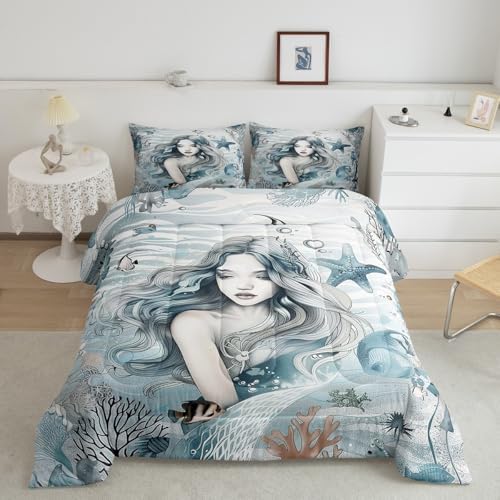 Homewish Beauty Mermaid Girl Bedding Set Full Size,Coral Shell Starfish Comforter Set for Kids Girls Boys Teens Room Decor,Fantasy Sea Life Quilt Set Ocean Blue Vintage Duvet Insert,2 Pillowcases