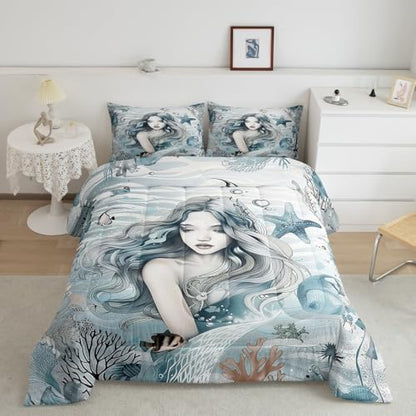 Homewish Beauty Mermaid Girl Bedding Set Full Size,Coral Shell Starfish Comforter Set for Kids Girls Boys Teens Room Decor,Fantasy Sea Life Quilt Set Ocean Blue Vintage Duvet Insert,2 Pillowcases