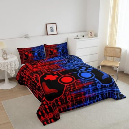 Feelyou Red and Blue Gamer Comforter Set Toddler Size, Gamer Bedding Set for Kids Game Comforter Gaming Duvet Set Game Room Decor 2Pcs