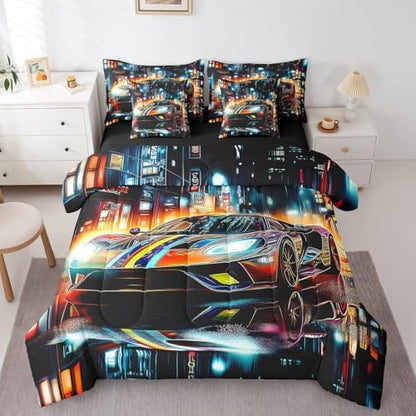 Feelyou Colorful Speed Sports Car Comforter Set with Sheets King Size Kids Race Car 7 Pieces Bedding Set for Boys Girls Teens Modern Racing Car Bed in a Bag Extreme Sports Bed Set Rainy