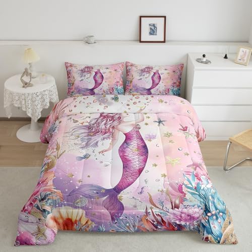 Homewish Pink Mermaid Bedding Set King Size,Coral Shell Starfish Comforter Set 3Pcs for Kids Girls Boys Teens Room Decor,Underwater World Quilt Set Pink Purple Dreamy Duvet Insert,2 Pillowcases