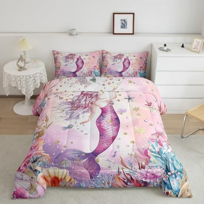 Homewish Pink Mermaid Bedding Set King Size,Coral Shell Starfish Comforter Set 3Pcs for Kids Girls Boys Teens Room Decor,Underwater World Quilt Set Pink Purple Dreamy Duvet Insert,2 Pillowcases