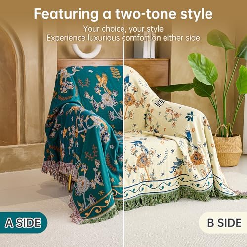 VANJOROY Boho 100% Cotton Large Throw Blanket - All Season Rustic Ultra Soft Breathable Floral Bird Blanket for Bed Sofa Couch Chair Bedspread Quilt Gift, 80" x 90"-Teal/Beige