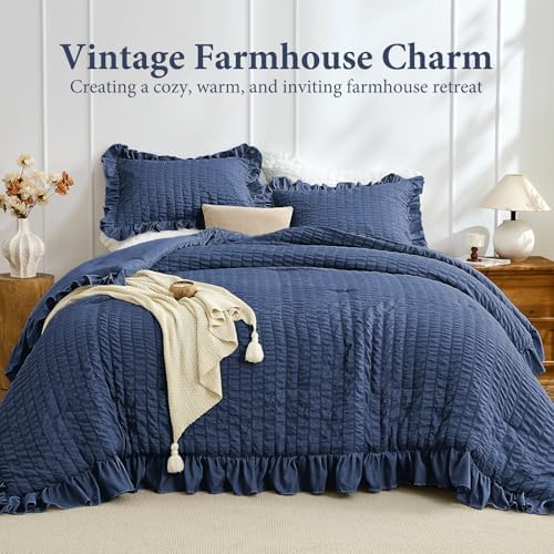 JOLLYVOGUE Navy Blue King Comforter Set, 3 Pieces Seersucker Comforters King Size, Lightweight & Fluffy Bedding Sets King for All Season with 1 Ruffle Comforter and 2 Ruffle Pillowshams