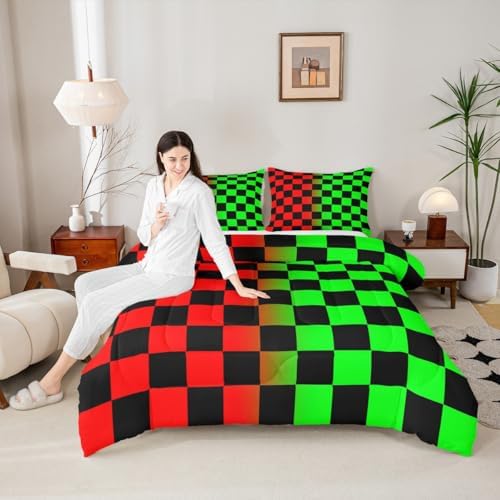 Feelyou Checkered Retro Comforter Set All Season Geometric Vintage Bedding Set with 1 Pillow Cases Red Green Kids Toddler Bedclothes Modern Groovy Aesthetic Bedroom Decor Duvet Quilt