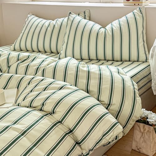 NSNLGSGC Sage Green Retro Striped Duvet Cover Set, Queen