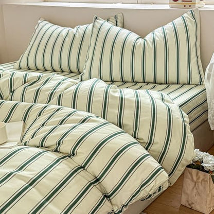 NSNLGSGC Sage Green Retro Striped Duvet Cover Set, Queen