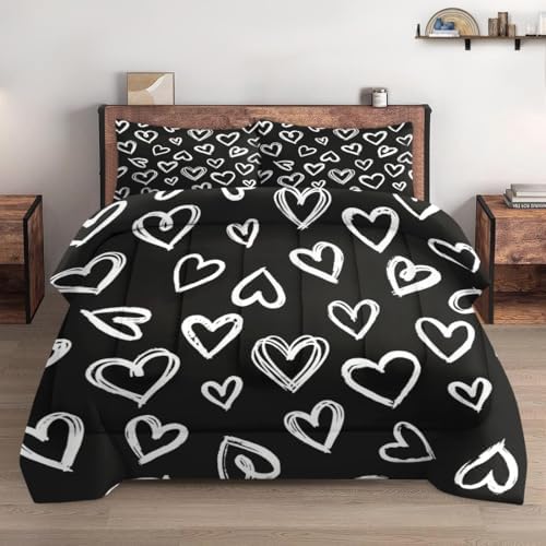 Pamnest Comforter Set King Size, Love Cute Valentine Soft 3 Pcs Bedding for Kids and Adults, Polka Heart White Comforter Set with 2 Pillowcases, for Bedroom Bed Decor