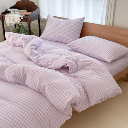 NSNLGSGC Purple Gingham Duvet Cover Set, Queen