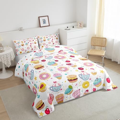 Homewish Cute Donuts Comforter Set,Ice Cream Bedding Set for Kids Girls Boys,Teens Adults Cherry and Cake Comforter,Sweet Theme Quilted Duvet Set Bedroom Collection Twin Size 2Pcs
