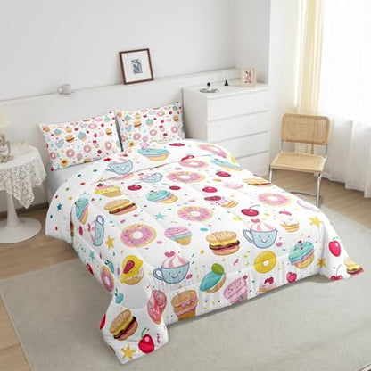 Homewish Cute Donuts Comforter Set,Ice Cream Bedding Set for Kids Girls Boys,Teens Adults Cherry and Cake Comforter,Sweet Theme Quilted Duvet Set Bedroom Collection Twin Size 2Pcs
