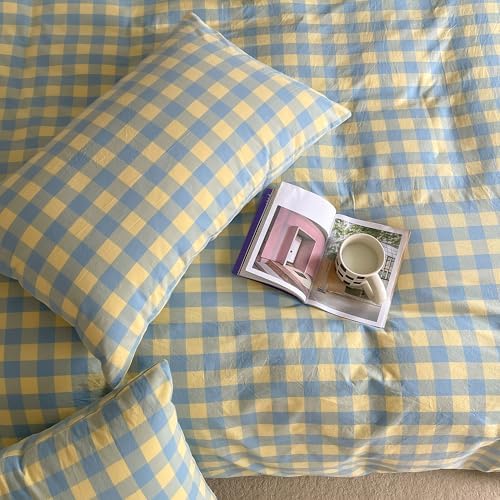 mixinni Plaid Duvet Cover Set Queen Yellow - Soft Washed Cotton Modern Geometric Bedding Set with 2 Pillowcases, Blue Green Gingham Grid Queen Duvet Cover for Men & Women, Soft & Lightweight