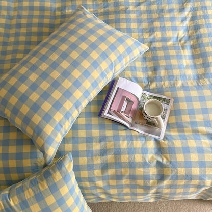 mixinni Plaid Duvet Cover Set Queen Yellow - Soft Washed Cotton Modern Geometric Bedding Set with 2 Pillowcases, Blue Green Gingham Grid Queen Duvet Cover for Men & Women, Soft & Lightweight
