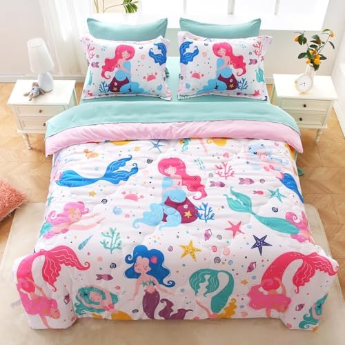 Wajade Kids Mermaids Comforter Set Bed in A Bag Full Size 7 Piece Colorful 3D Cartoon Mermaids Bedding Set for Girls (1 Comforter, 1 Flat Sheet, 1 Fitted Sheet, 2 Pillowcase and 2 Pillow Sham)