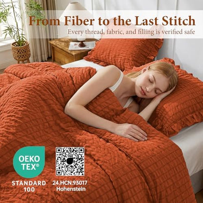JOLLYVOGUE King Comforter Set, 3 Pieces Seersucker Comforters King Size, Lightweight & Fluffy Bedding Sets King for All Season with 1 Ruffle Comforter and 2 Ruffle Pillowshams, Burnt Orange