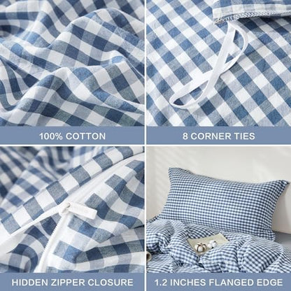 SAPHREAS Gingham Duvet Cover Set Queen Size, 100% Washed Cotton Linen Like Plaid Comforter Cover with Zipper Closure & Corner Ties (No Comforter), 90x90 Navy