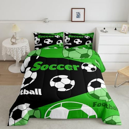 Manfei Boys Soccer Comforter Set King Size, Football Gaming Bedding Set 3pcs, Sports Theme Green Black Down Comforter All Season, Kids Teens Adult Room Decor, Soft and Lightweight, 2 Pillowcases