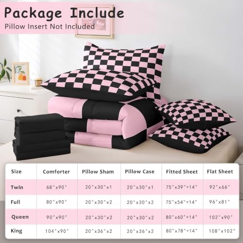 Feelyou Checkered 7 Piece Bedding Set Teen Pink Black Plaid Comforter Set with Sheets King Size Kids Boys Cute Retro Neutral Checkerboard Geometric Bed in a Bag Vintage Aesthetic Room Decor