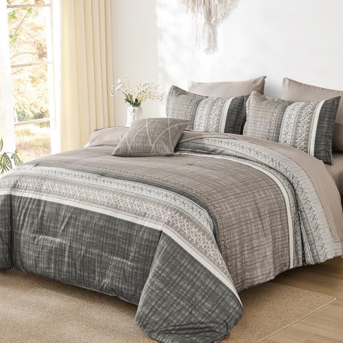 Dintszyayue Taupe Queen Comforter Size Set, 8 Pieces Striped Texture Bed in a Bag Bedding Sets, Lightweight Soft Comforter and Sheet Set, All Season Microfiber Teen Boys Bedding Sets for Men Women
