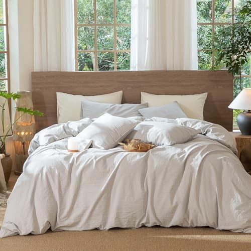 MooMee Wavy Striped Duvet Cover Set 100% Washed Cotton Linen Like Textured Breathable Durable Soft Comfy (Light Grey, King 104"x90")