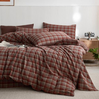 LifeTB Vintage Red Plaid Duvet Cover Bedding Set Full, 100% Washed Cotton Red&Blue Retro Plaid Checkered Comforter Cover, Reversible Gingham Duvet Cover Breathable Soft Grid Farmhouse Bedding Set