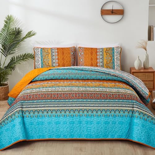 WONGS BEDDING Orange Quilt Queen Size, Boho Stripe Bedding Set, 96"x90"