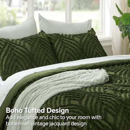 BEDELITE Boho Comforter Set Queen - Tufted Boho Bedding Set, Green