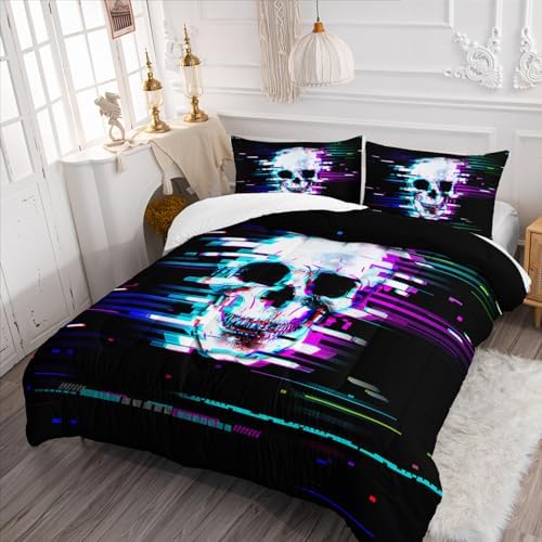 Nttopship Black Skull Comforter Set Queen Size,100% Soft Ultra-fine Fiber Four Season Science Fiction Comforter Set with 1 Comforter and 2 Pillow Case