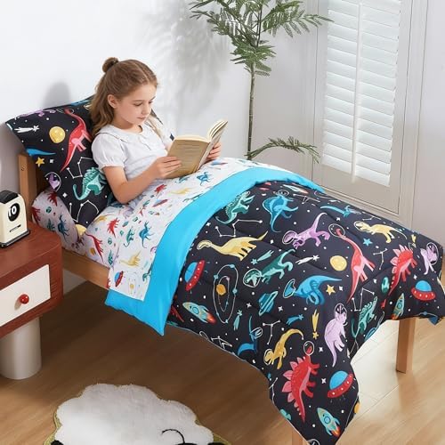 lasoftan Toddler Bedding Set, Toddler Bed Comforter Sets for Girls, Toddler Bed Set, Space Dinosaur Printed