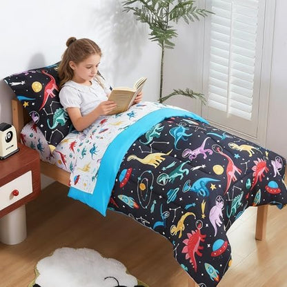 lasoftan Toddler Bedding Set, Toddler Bed Comforter Sets for Girls, Toddler Bed Set, Space Dinosaur Printed