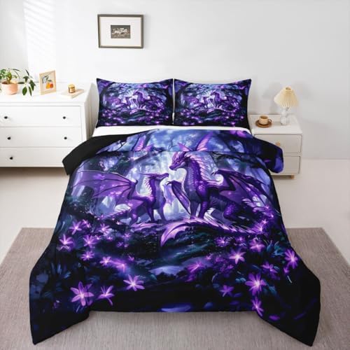 Feelyou Dragon Bedding Set Soft for Boys Girls, Magical Beast Comforter Set King Size Jungle Duvet Quilt Microfiber Wild Animal Bedroom Decor Fantasy Animal 3 Pcs with 2 Pillow Cases