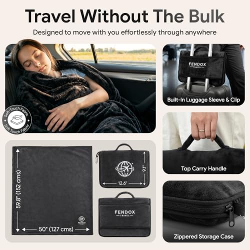 2-in-1 Travel Blanket and Pillow – Lightweight, Compact, Ultra Soft, Machine Washable – Handle, Luggage Sleeve, Backpack Clip – for Travel Airplane, Car, Office (Black)