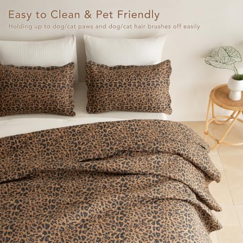 Lady Ann 100% Cotton King Quilt Set, Vintage Brown Leopard Pattern Printed Quilted Bedding, 3 Pcs Lightweight Coverlet, Ultra Soft Farmhouse Bedspread Set for All Season