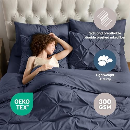 Nestl 9 Piece Full Comforter Set – Navy Pinch Pleated Bed in a Bag – Complete Full Size Bedding Set with Sheets, Set of 2 Cooling Pillows, Pillowcases and Shams