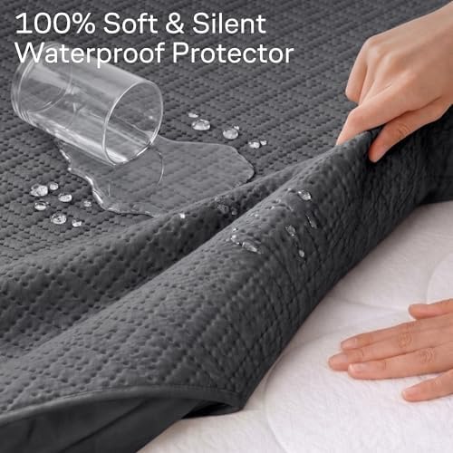 100% Waterproof Queen Mattress Protector - 360 Pad Protection Against Spills, Stains & Accidents for Parents & Pet Owners - Noiseless & Cooling Viscose Made from Bamboo (Grey)