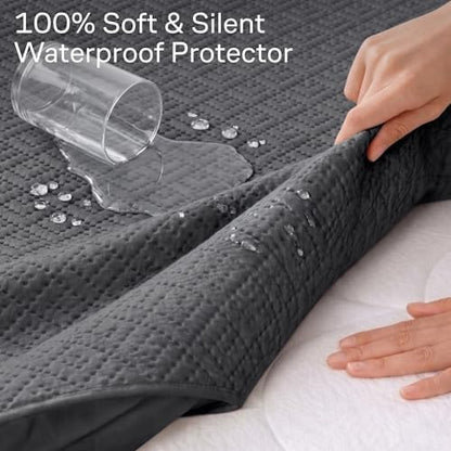 100% Waterproof Full Mattress Protector - 360 Pad Protection Against Spills, Stains & Accidents for Parents & Pet Owners - Noiseless & Cooling Viscose Made from Bamboo (Grey)