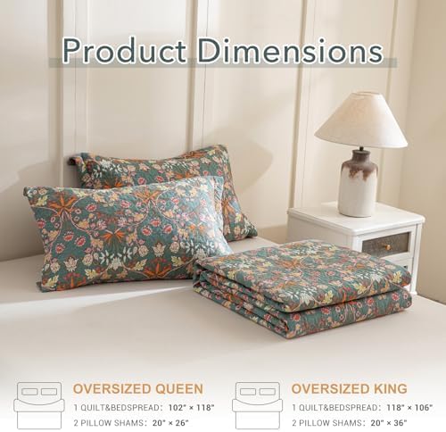 Lady Ann Oversized Queen Quilt Set, Vibrant Paisley Flowers Pattern Plant Botanical Printed Quilted 3 PCS 102x118 Bedspread Set, Ultra Soft 100% Cotton Coverlet with Pillow Shams,