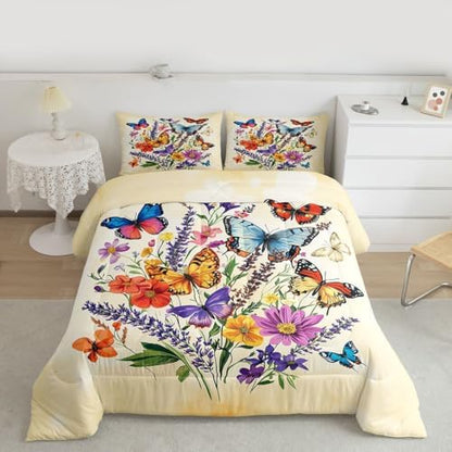 jejeloiu Butterfly Kids Comforter Set Full Size Beautiful Butterfly Bedding Set Botanical Duvet Quilt for Kids Boys Girls Bedroom Flower Decor Microfiber Ultra Soft Breathable