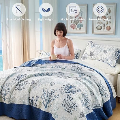 Qucover Coastal California King Quilt 118"x106", Ocean Beach Themed Bedding Set with Pillowcase, Soft Lightweight Reversible Microfiber Nautical Coverlet, Oversized King Bedspread for Summer,Navy Blue