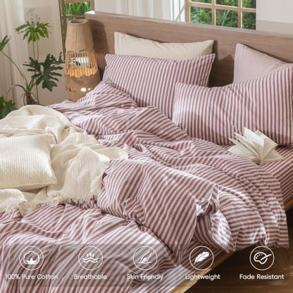 MooMee Striped Duvet Cover Set 100% Washed Cotton Linen Like Queen