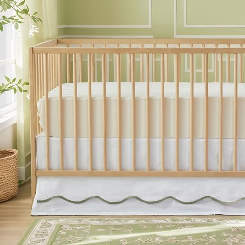 Brandream Scallop Edge Cotton Crib Skirt Toddler Bedskirt Baby Nursery Crib Bed Skirt Double Layer Boho Bohemian Neutral Solid Color Cream Off White with Sage Green Edge Farmhouse Chic Skirt