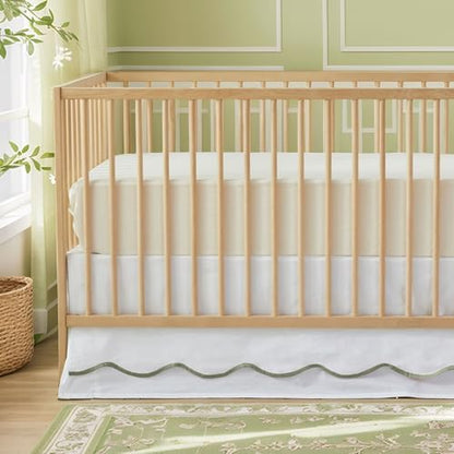 Brandream Scallop Edge Cotton Crib Skirt Toddler Bedskirt Baby Nursery Crib Bed Skirt Double Layer Boho Bohemian Neutral Solid Color Cream Off White with Sage Green Edge Farmhouse Chic Skirt