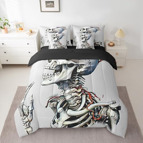 Erosebridal 7Pcs White Skull Comforter Set King Size,Death Bones Skeleton Bedding Set,Horror Spooky Floral Bed in A Bag,Halloween Decor Sheet Set with Comforter