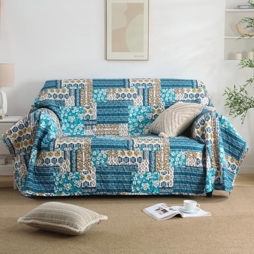 Mybedsoul Boho King Quilts, Patchwork Bedding Set, Dusty Blue