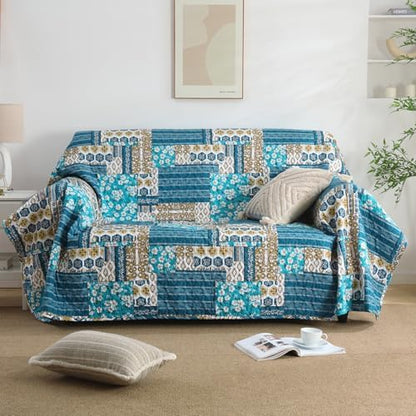 Mybedsoul Boho King Quilts, Patchwork Bedding Set, Dusty Blue
