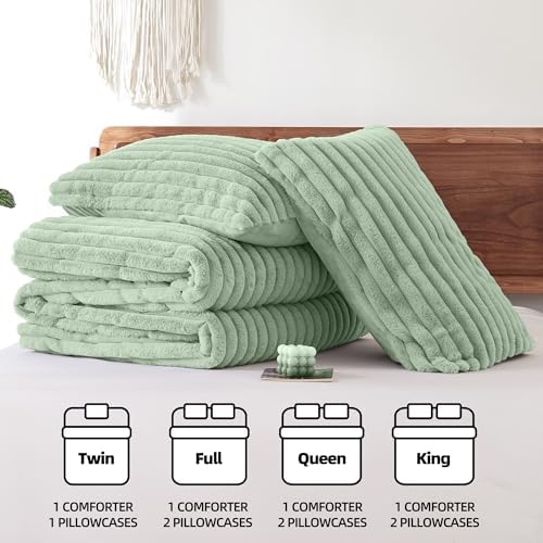 Smoofy Fluffy Queen Size Comforter 3 PCS - Sage Green Fleece Bedding Set