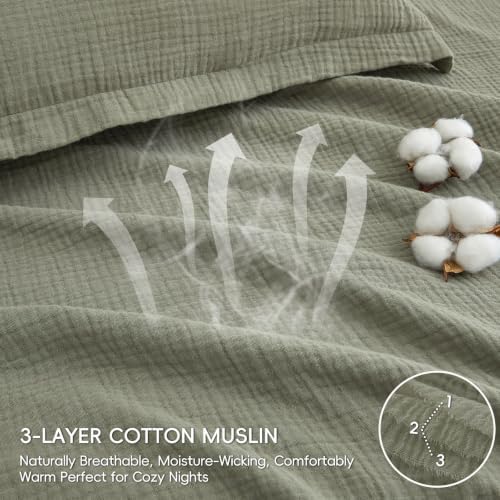 PHF 100% Cotton Muslin Duvet Cover King Size 3-Layer, 104"x90", Dusty Sage